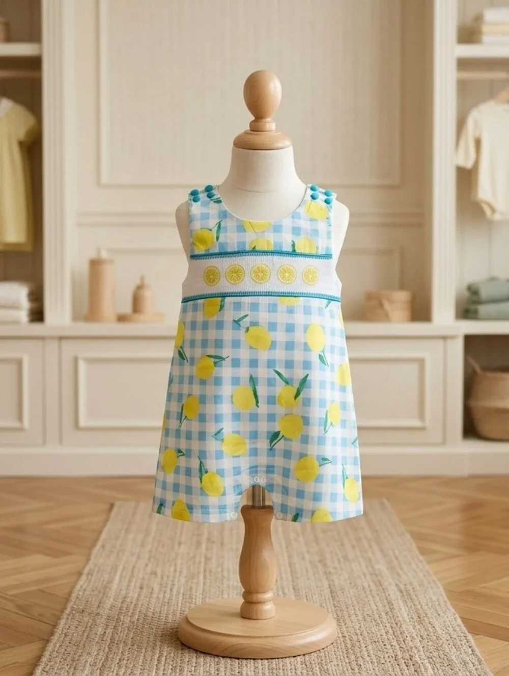 Lil Cactus Blue & White Gingham Lemon Smocked Jon Jon | Size 3T